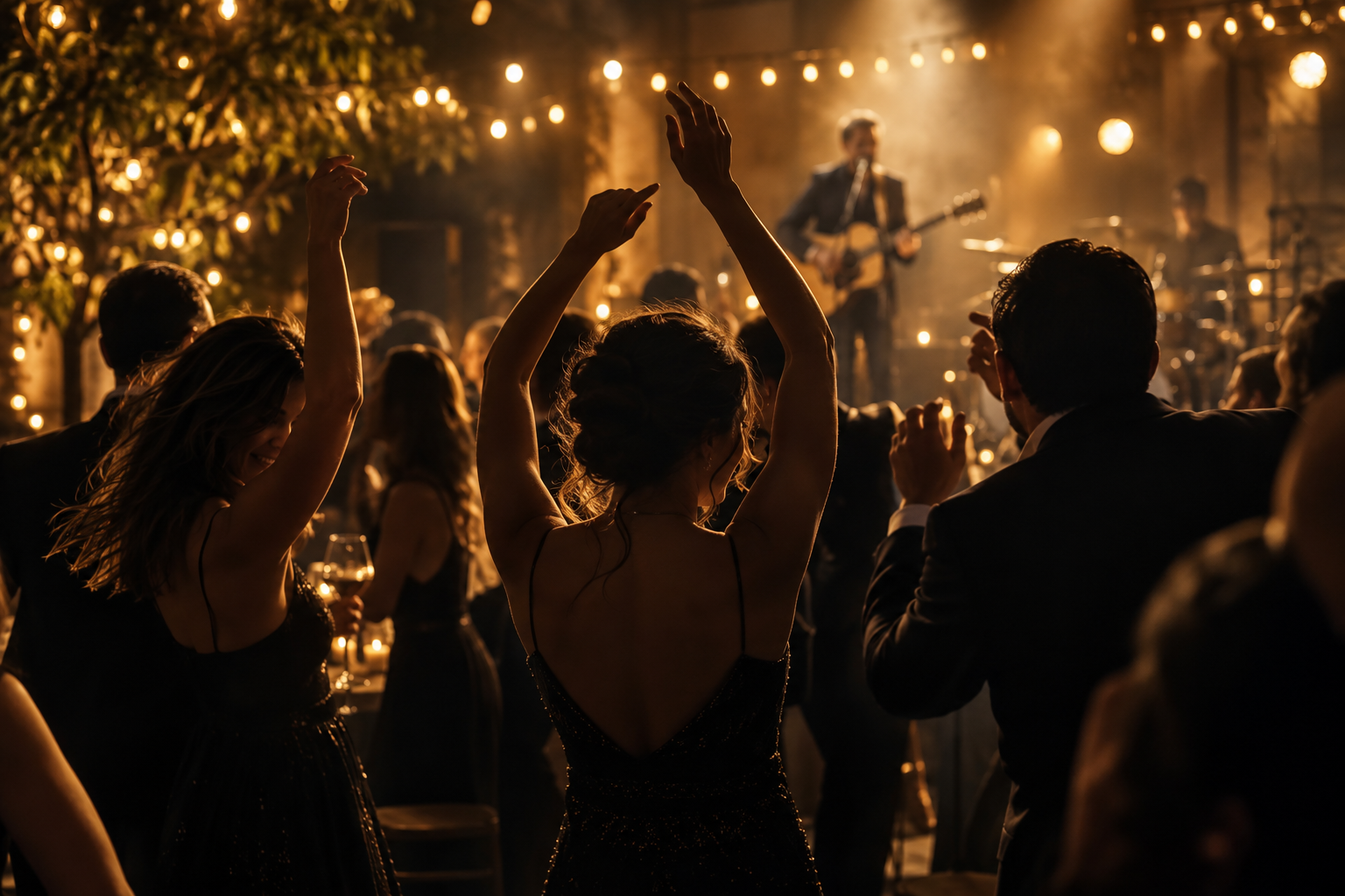 Cena ilustrativa de uma festa com música ao vivo e iluminação dourada